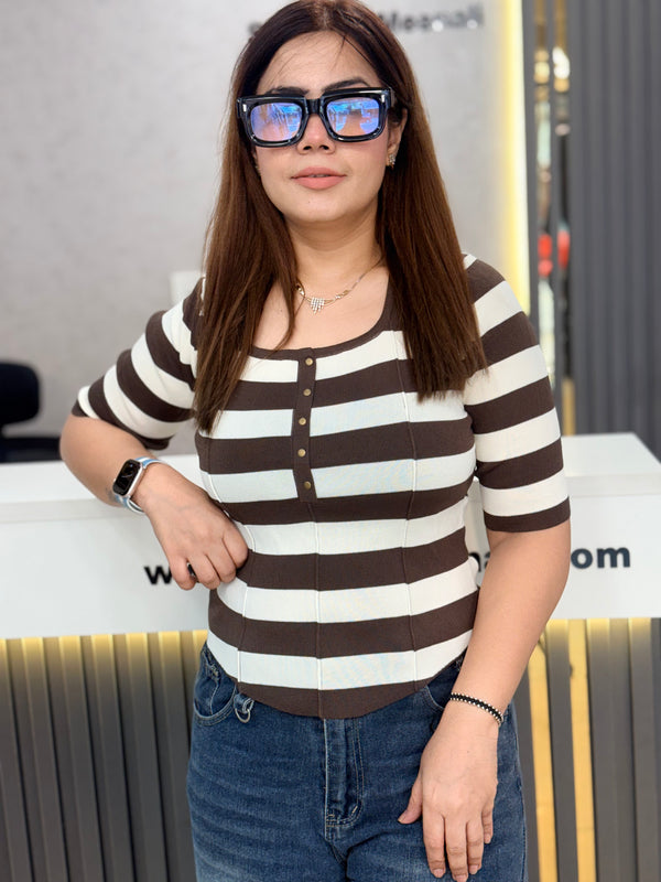 Striped Ribbed Button Knit Top