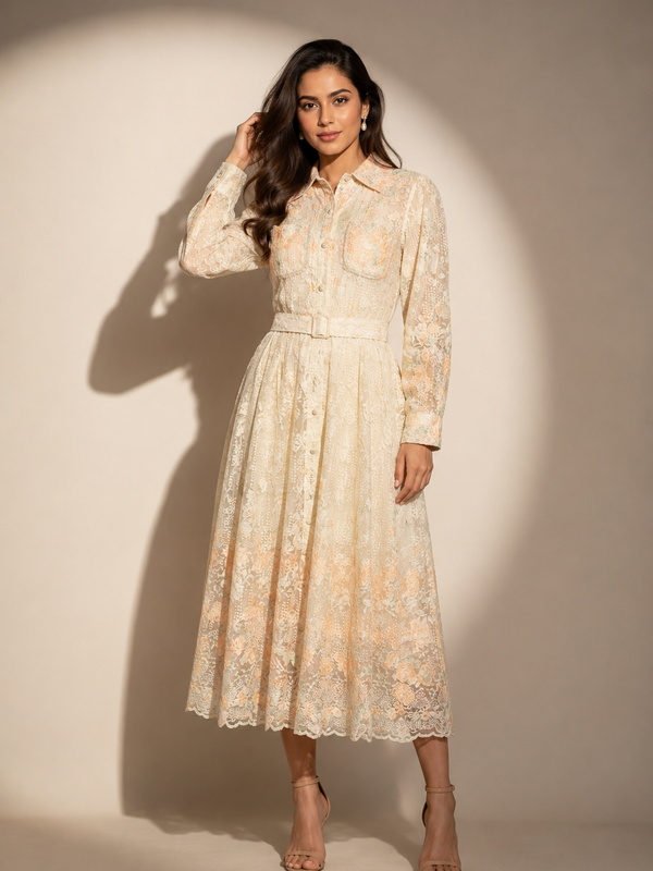 Lace Shirt Midi Dress
