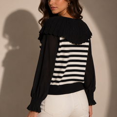 Striped Knit Top with Cape Collar Detail