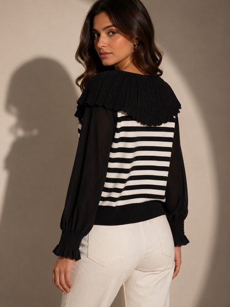 Striped Knit Top with Cape Collar Detail