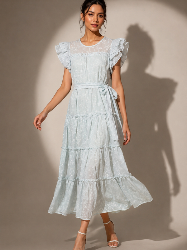 Ruffled Sleeve Tiered Midi Dress