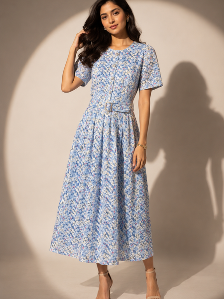 Floral Print Belted Midi Dress