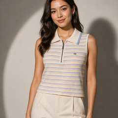 Striped Knit Polo Top with Zip Placket