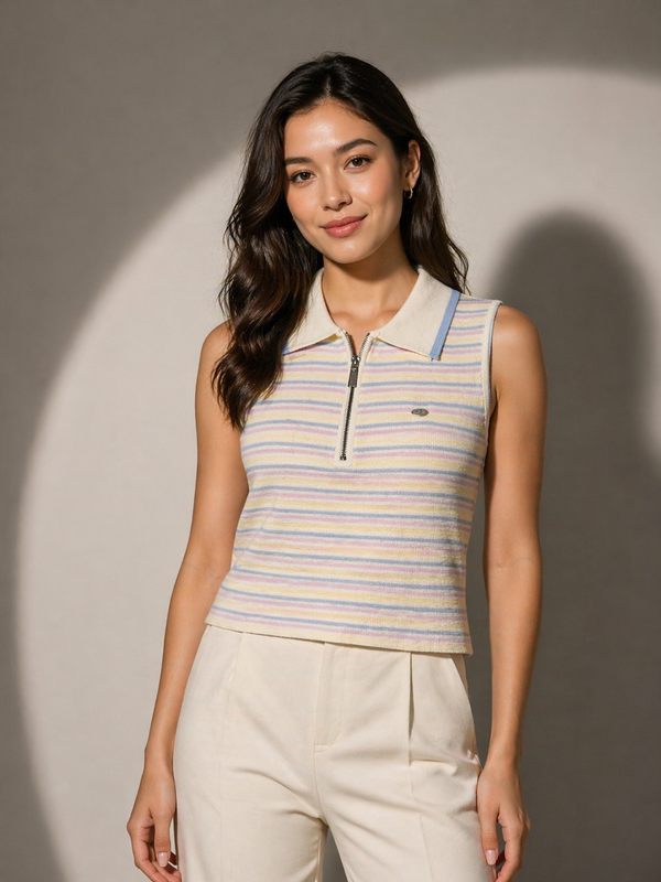 Striped Knit Polo Top with Zip Placket
