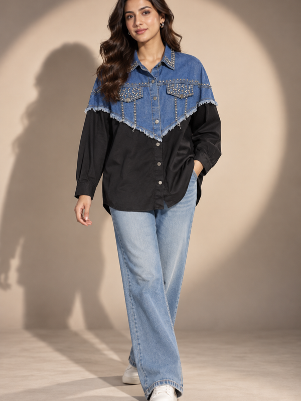 Studded Denim Panel Shirt
