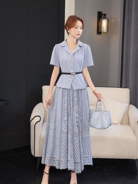 Structured Short-Sleeve Jacket with Lace Midi Skirt