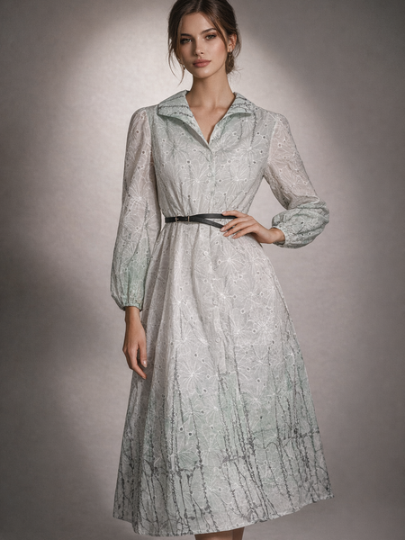 Printed Embroidered Midi Dress with Belt