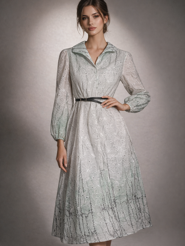Printed Embroidered Midi Dress with Belt