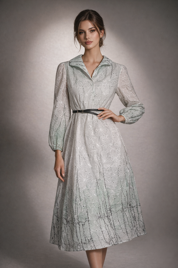 Printed Embroidered Midi Dress with Belt