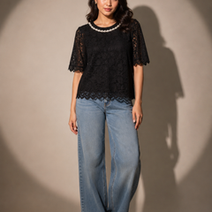 Pearl-Trim Floral Lace Top
