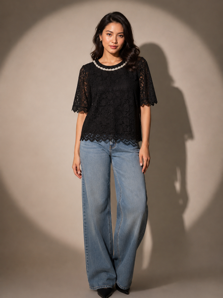 Pearl-Trim Floral Lace Top
