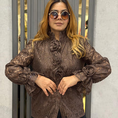 Textured Floral Appliqué High-Neck Shirt