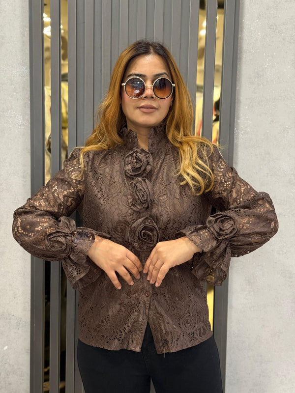 Textured Floral Appliqué High-Neck Shirt