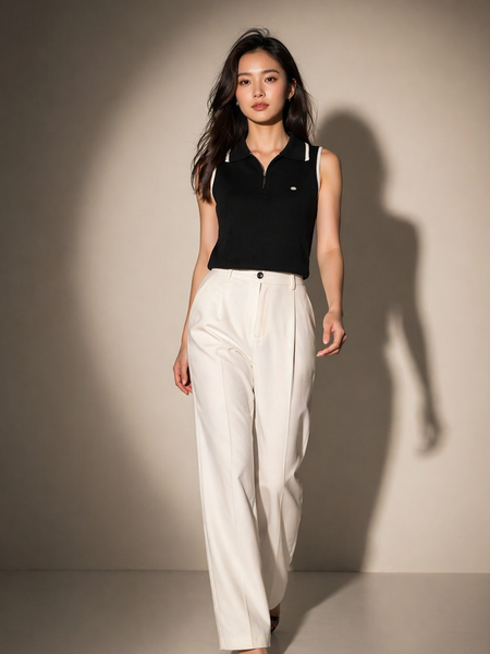 Sleeveless Knit Polo Top with Zip Detail