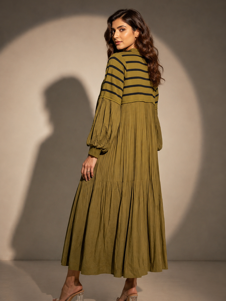 Striped Pleated Panel Midi Dress