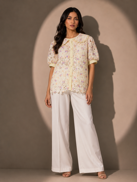 Floral Lace Shirt with Statement Collar