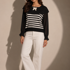 Striped Knit Top with Cape Collar Detail