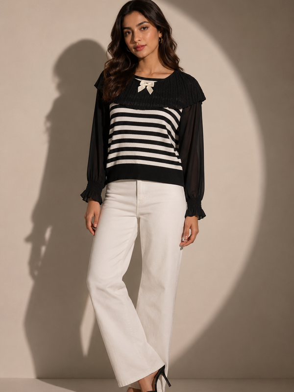 Striped Knit Top with Cape Collar Detail