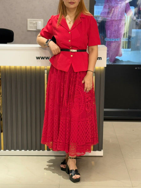 Structured Short-Sleeve Jacket with Lace Midi Skirt