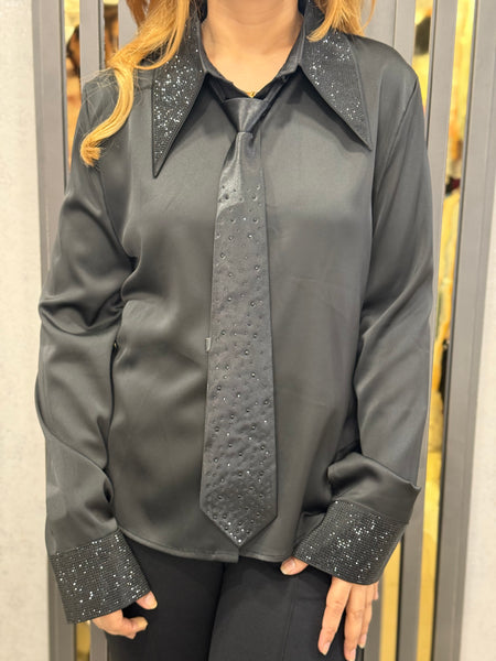 Satin-Feel Shirt with Embellished Tie Detail