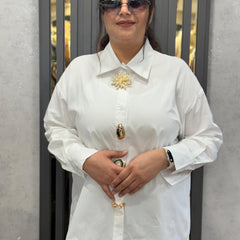 Oversized Satin-Effect Shirt with Jewel Appliqué