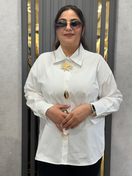 Oversized Satin-Effect Shirt with Jewel Appliqué