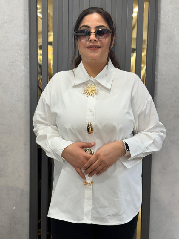 Oversized Satin-Effect Shirt with Jewel Appliqué