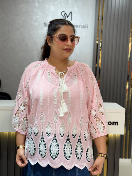 Embroidered Voile Blouse with Scalloped Hem