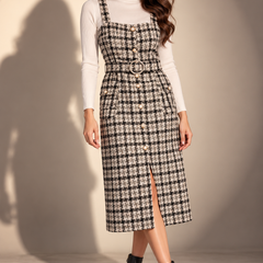Textured Tweed Belted Midi Dress