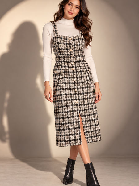 Textured Tweed Belted Midi Dress