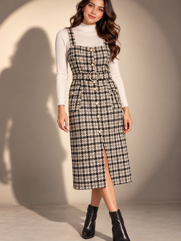 Textured Tweed Belted Midi Dress