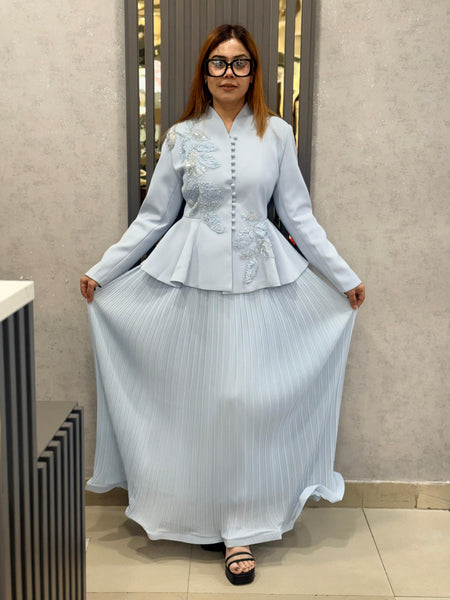 Embellished Structured Peplum Jacket with Pleated Skirt