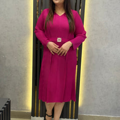 Textured Pleated Belted Midi Dress