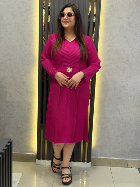 Textured Pleated Belted Midi Dress