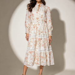 Embroidered Lace-Detail Midi Dress