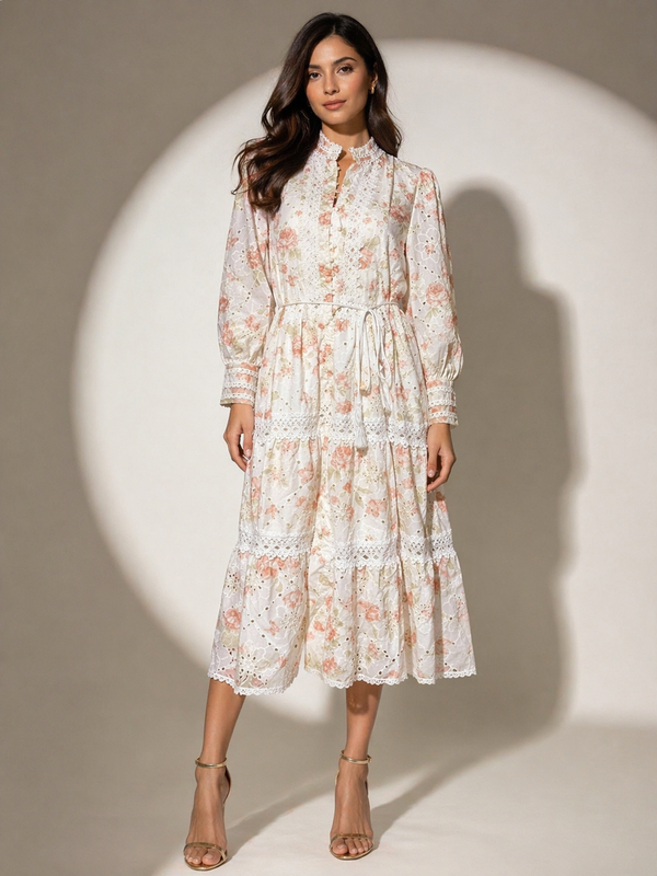 Embroidered Lace-Detail Midi Dress