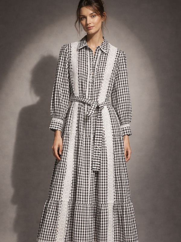 Lace Panel Check Long dress