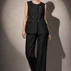 Structured Linen Blend Top with Belted Waist & Straight-Leg Trousers Set