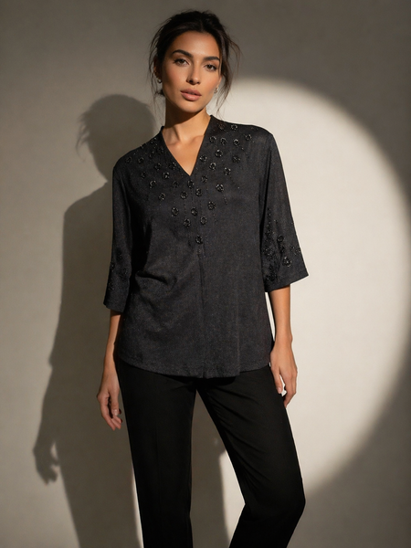 Embroidered V-Neck Textured Top