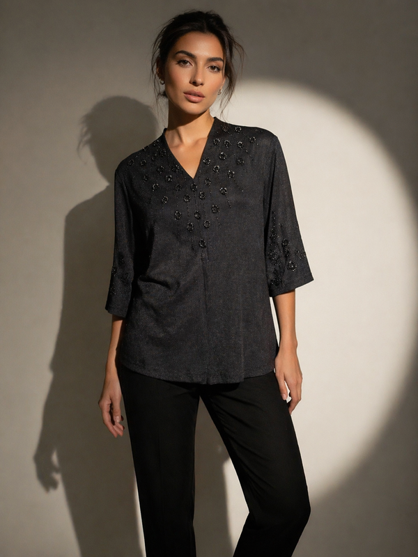 Embroidered V-Neck Textured Top