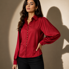 Satin Button shirt  with Pleated Sleeves