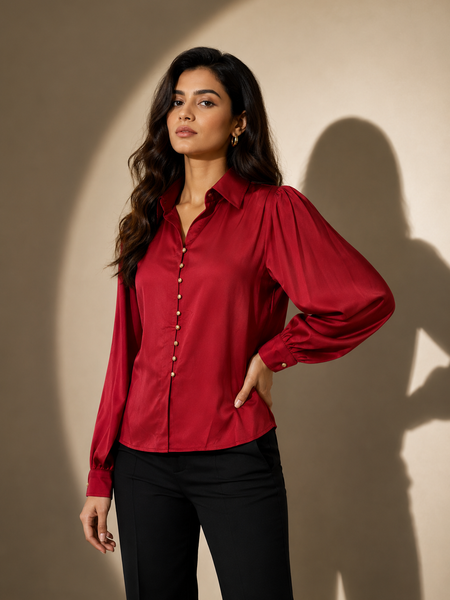 Satin Button shirt  with Pleated Sleeves