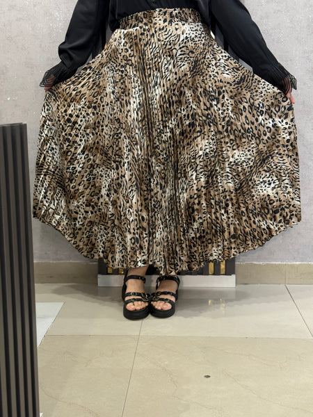 Pleated Animal-Print Midi Skirt