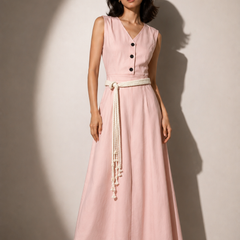 Rope-Belt Midi Dress with Button Detail