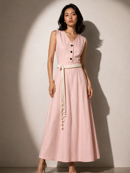 Rope-Belt Midi Dress with Button Detail