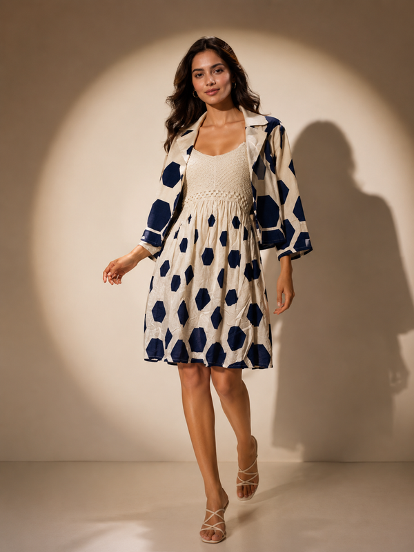 Geometric Print Midi Dress with Cropped Jacket