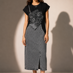 Asymmetric Layered Denim Midi Dress
