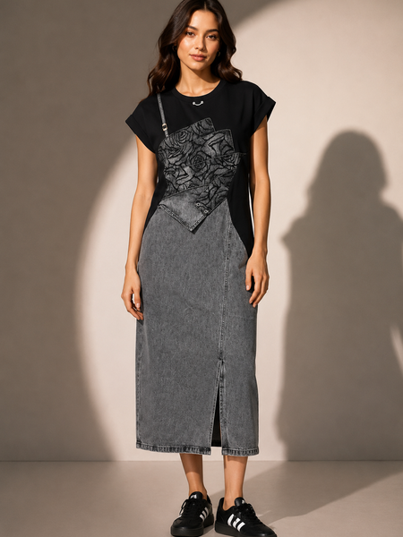Asymmetric Layered Denim Midi Dress