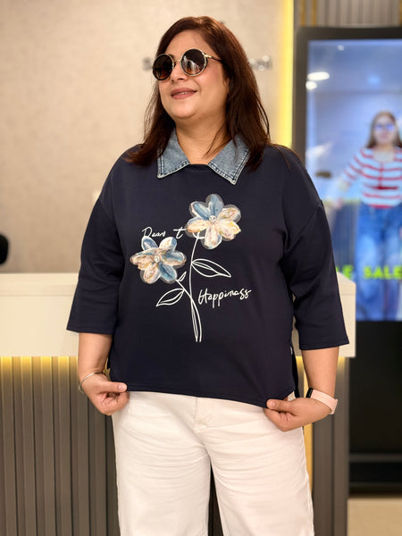 Floral Denim Collar T-Shirt