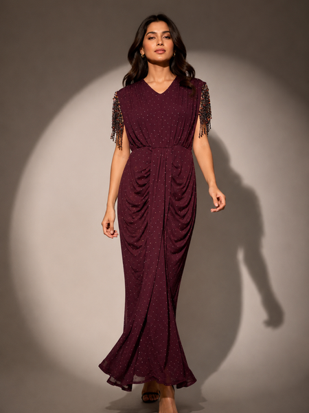 Embellished Draped Maxi Dress